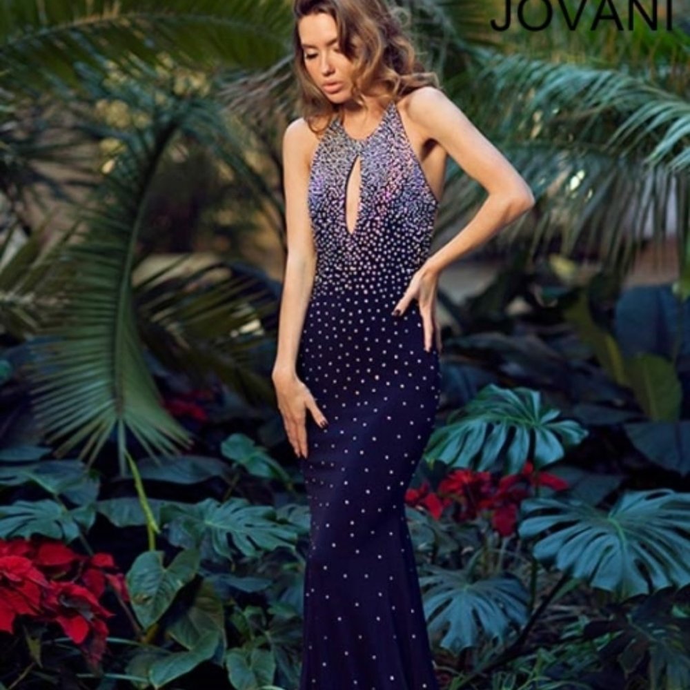 Jovani Studded Navy Sleeveless Jersey Gown